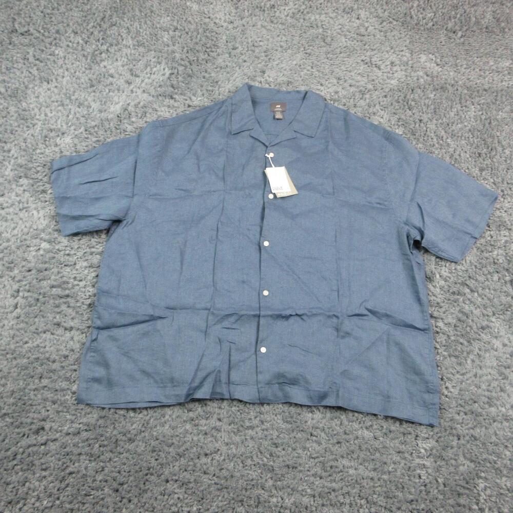 H&M Shirt Mens 3XL Blue Linen Short Sleeve Button Up Loose Fit Casual Summer NWT